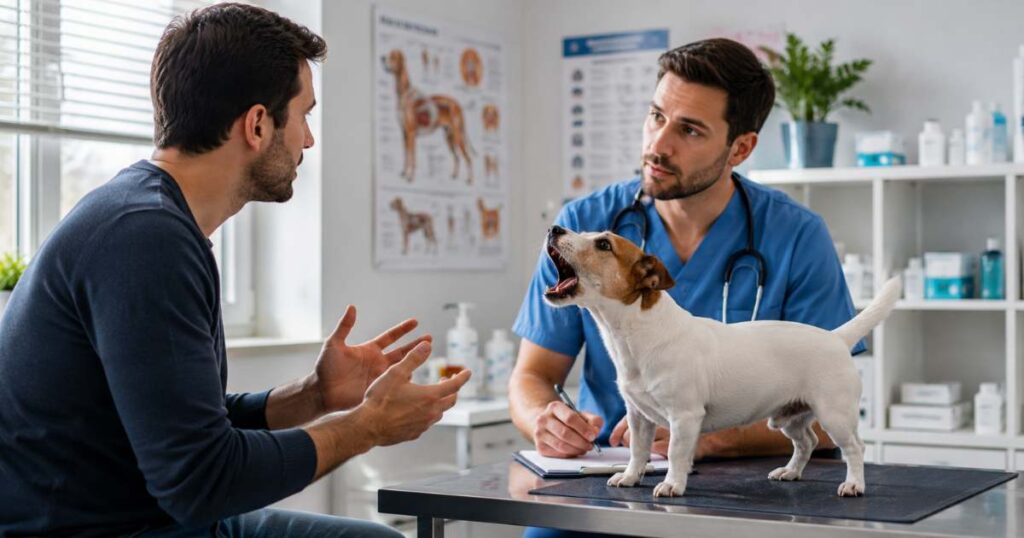 štekajúci pes u veterinára