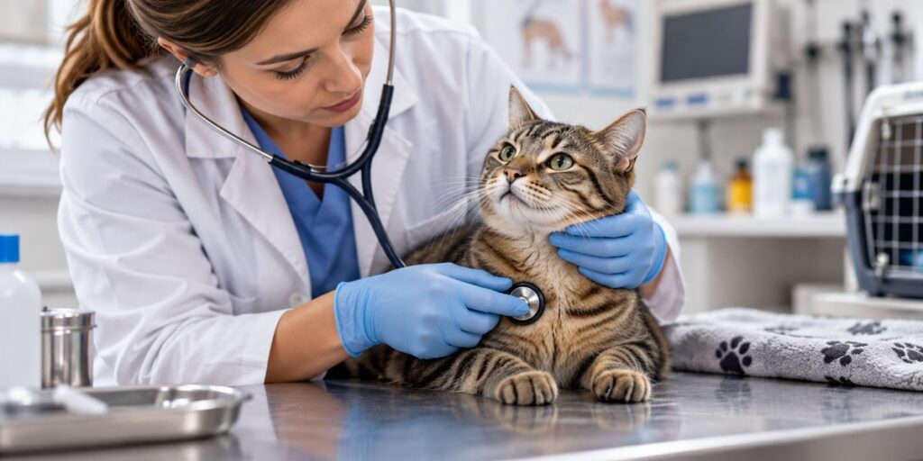veterinar vyšetrujúci mačku